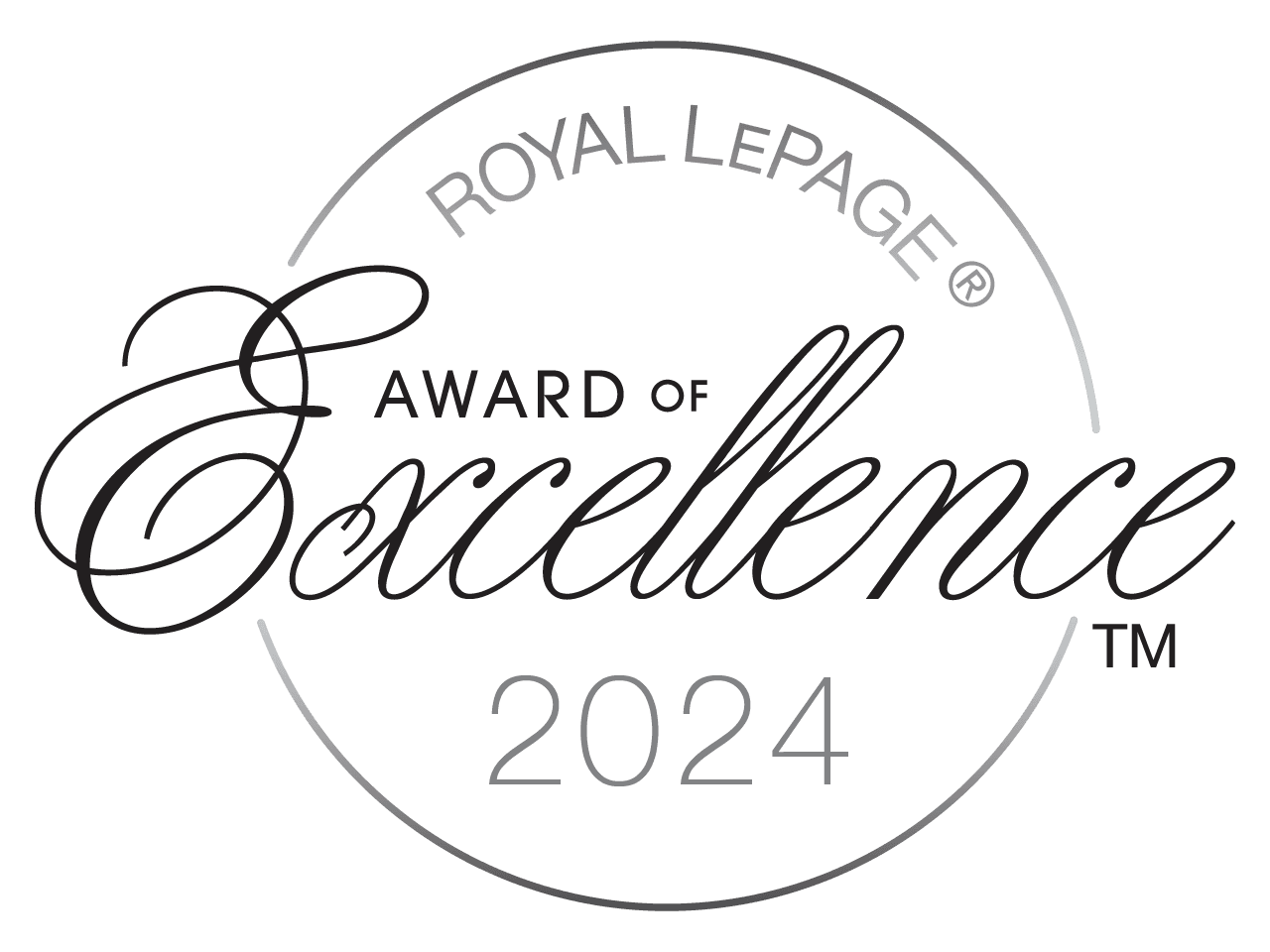 Royal LePage Award of Excellence 2024 logo in a circular design with elegant script lettering for 'Excellence' and registered trademark symbols