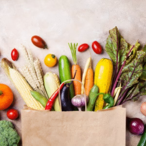 Fresh vegetables and produce in paper grocery bag - food bank volunteer opportunities Nanaimo Ladysmith Parksville Shanon Kelley Realty